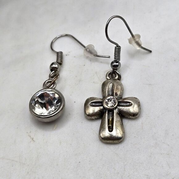 "5/$25" Mismatched Silvertone Rhinestone Cross /Circle Dangle Earrings - Picture 2 of 8